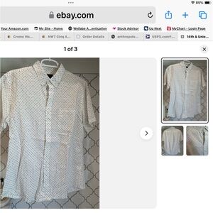 14th & Union Nordstrom sz L White Navy Short Sleeve Casual Shirt Button Down EUC